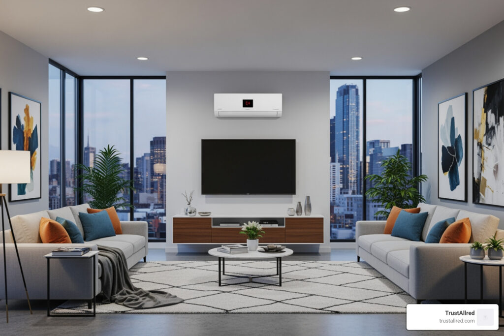 modern living room in Auburn, WA, with a non-functional mini-split unit on the wall - emergency mini split heat pumps in auburn, wa